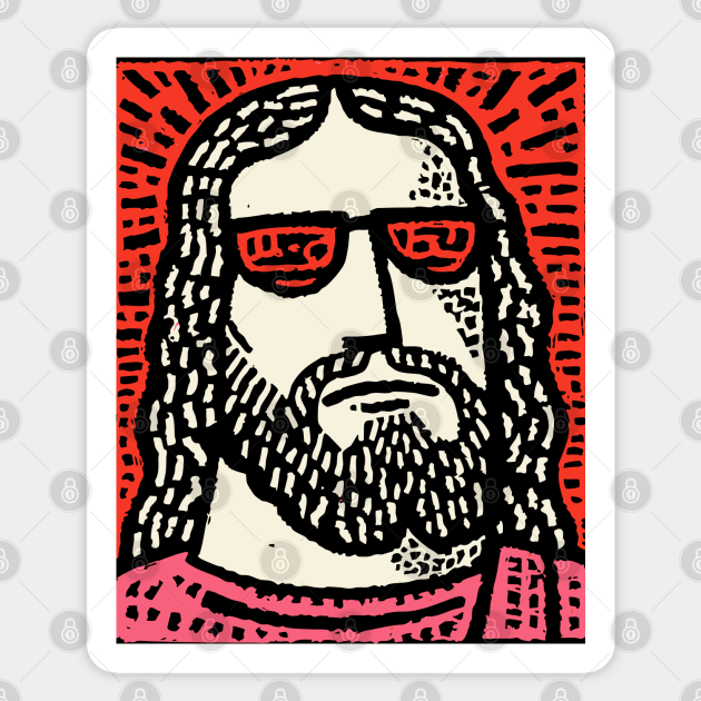 Sacred Cool - Linocut Hippie Jesus Sticker by TuncGK